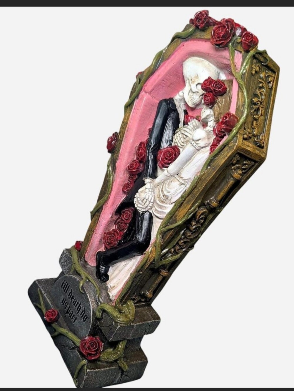 Till Death Do Us Part Skeleton Couple Tombstone Sculpture - Pink & Black - Picture 4 of 6